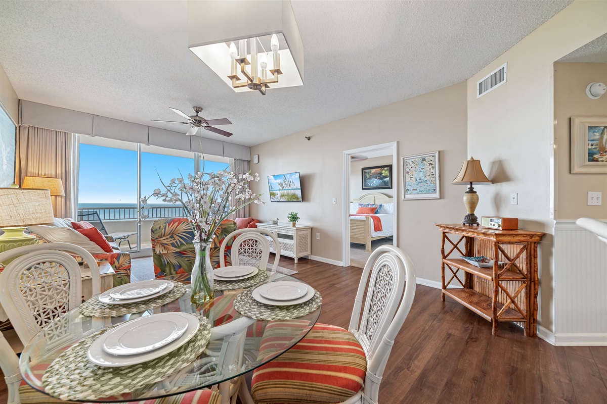 Dine with an ocean vista. This charming dining area offers the ideal setting to savor meals while enjoying breathtaking views of the sparkling coastline.