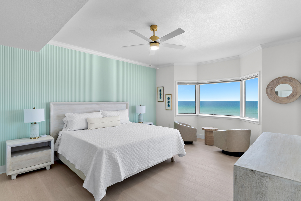 Master Bedroom with King Bed, Sitting Area, Gulf Views, Balcony Access, Smart TV, Bathroom with Dual Vanity, Walk in Shower, and Soaker Tub, Large Closet - Come to Tidewater 201!