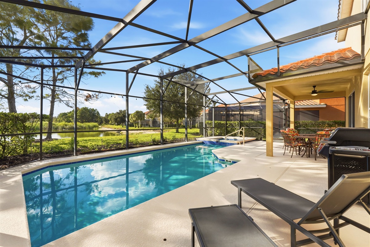lanai and pool with lake view
