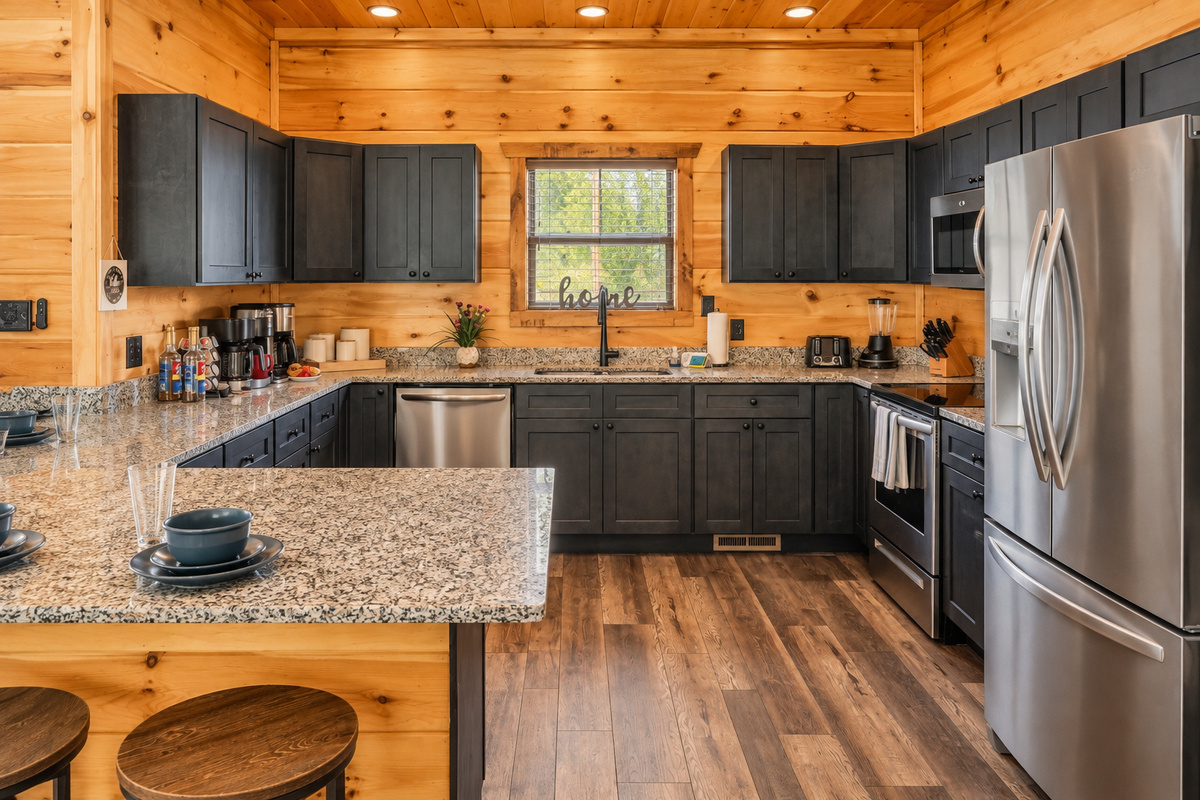 A granite peninsula with bar stools keeps the cook in on every conversation.