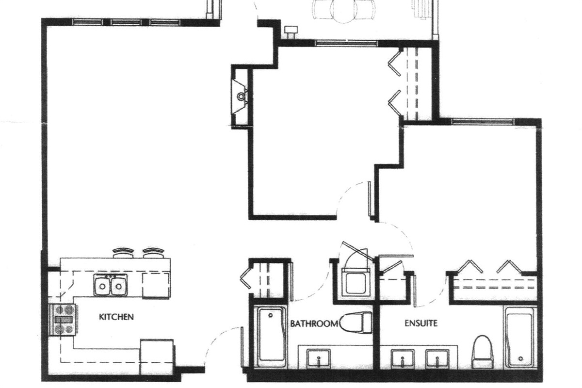Floor Plan.  Clockwise from entrance, kitchen, living room with fire place, patio, guest bedroom overlooking patio, master bedroom, ensuite bathroom, guest bathroom, laundry. 
