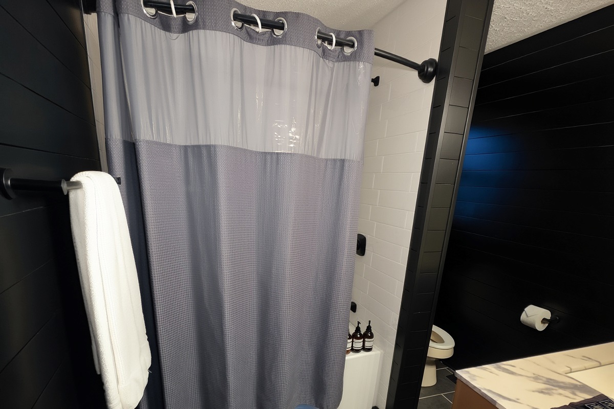 Newly Remodeled Ensuite Master Bathroom with Bathtub and Freshly Tiled walls!