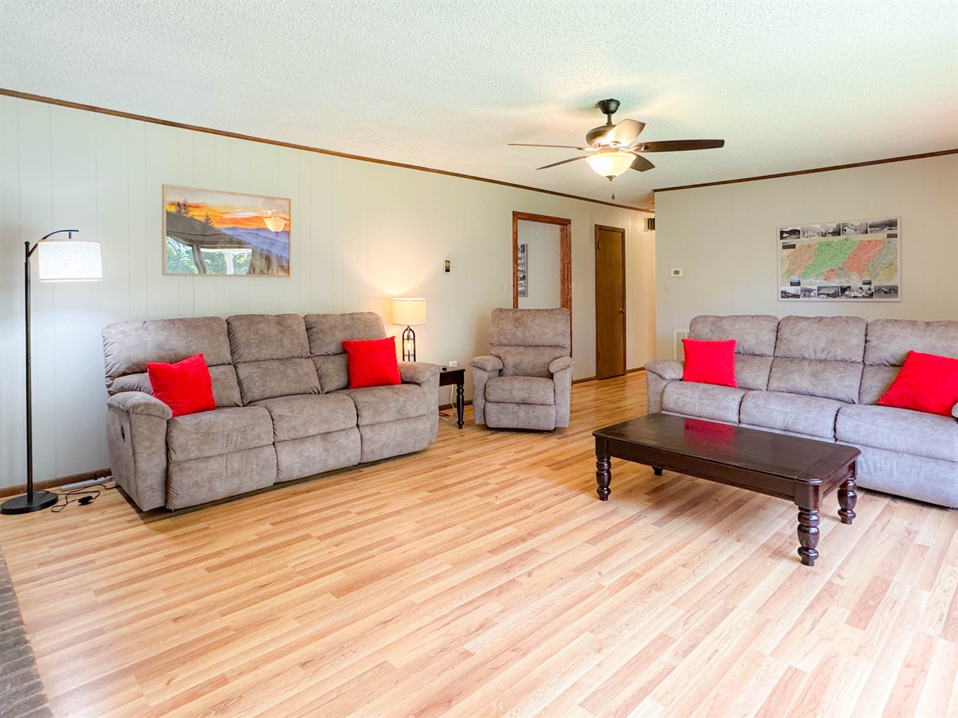 The hallway just outside of the kitchen and living room area will lead you to the bedrooms and bathrooms.