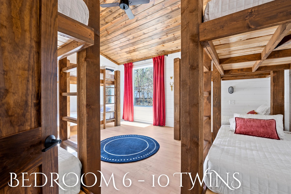 The custom-built bunk room is designed with adventure in mind, making it a favorite spot for kids and teens.