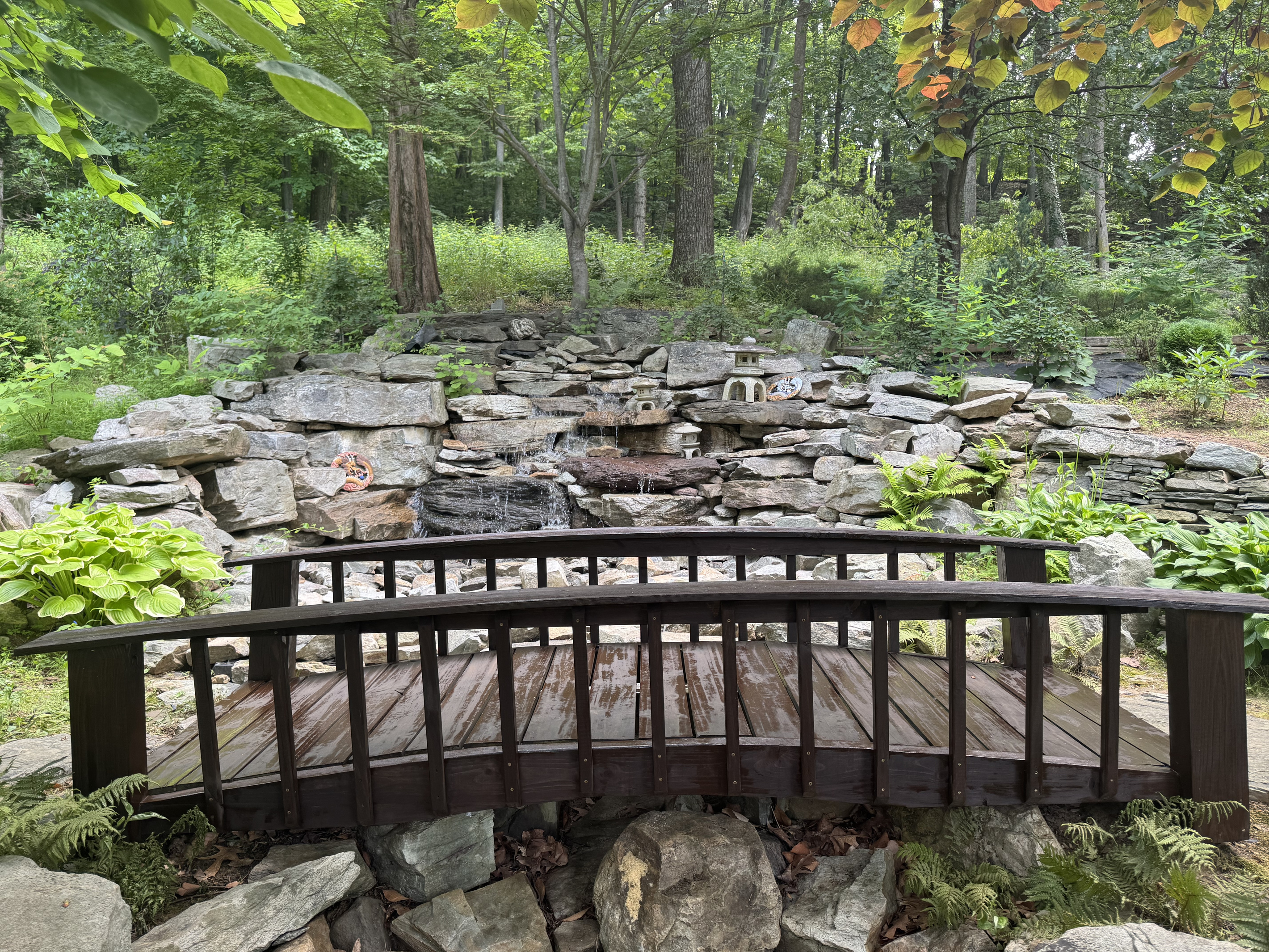 Japanese Bridge over natural stone waterfall and forest views