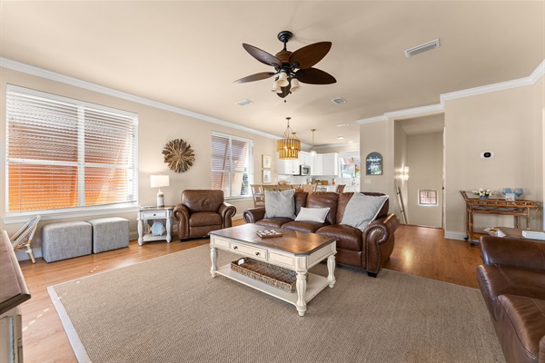 Spacious Living Room Flowing to Kitchen & Porch
