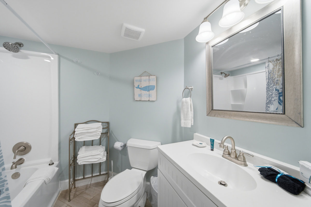 Full bathroom with tub/shower combo and a large vanity mirror