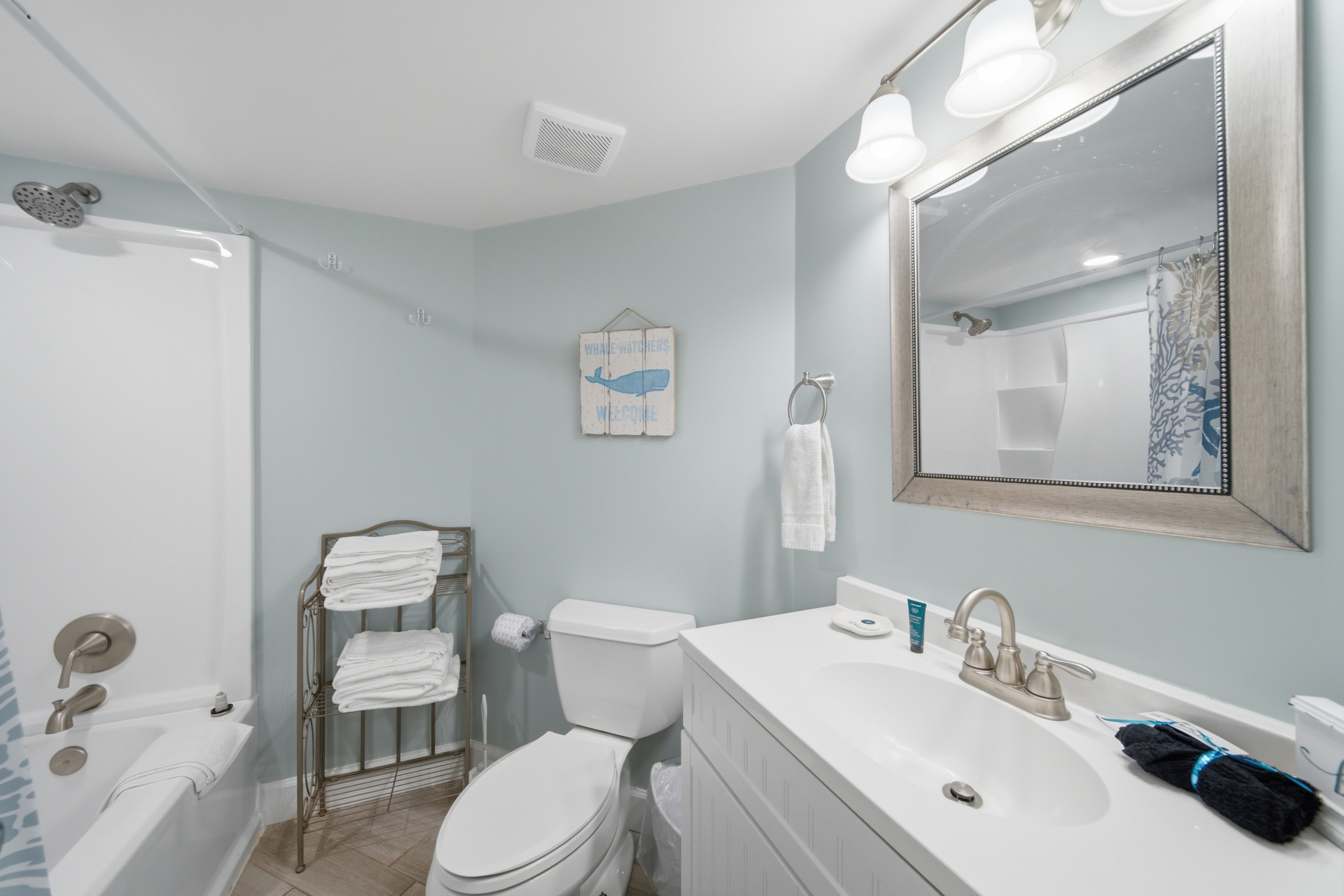 Full bathroom with tub/shower combo and a large vanity mirror