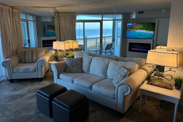 The mirror behind the couch - a clever design detail that doubles the ocean view