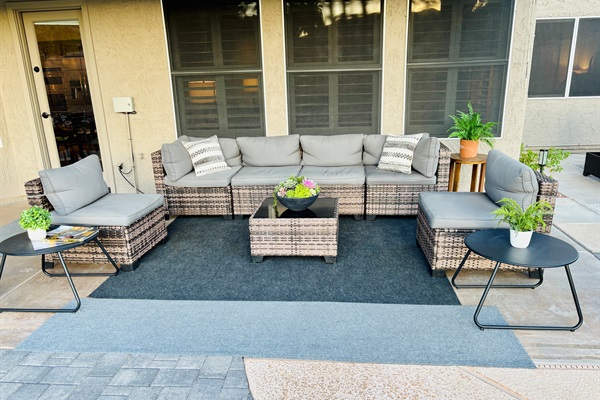 One of several patio seating areas in backyard