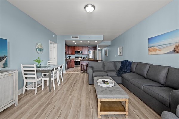 View from the balcony showing the main living space.  We have 1262 sq feet so there's room to spread out and not feel crowded.