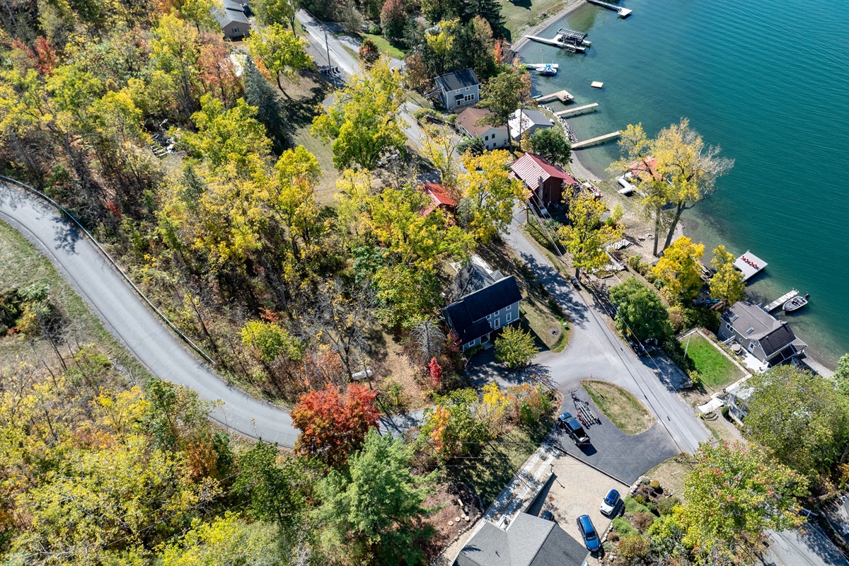 Aerial view of lakeside living at its finest—close to marinas, wineries, and waterfront fun