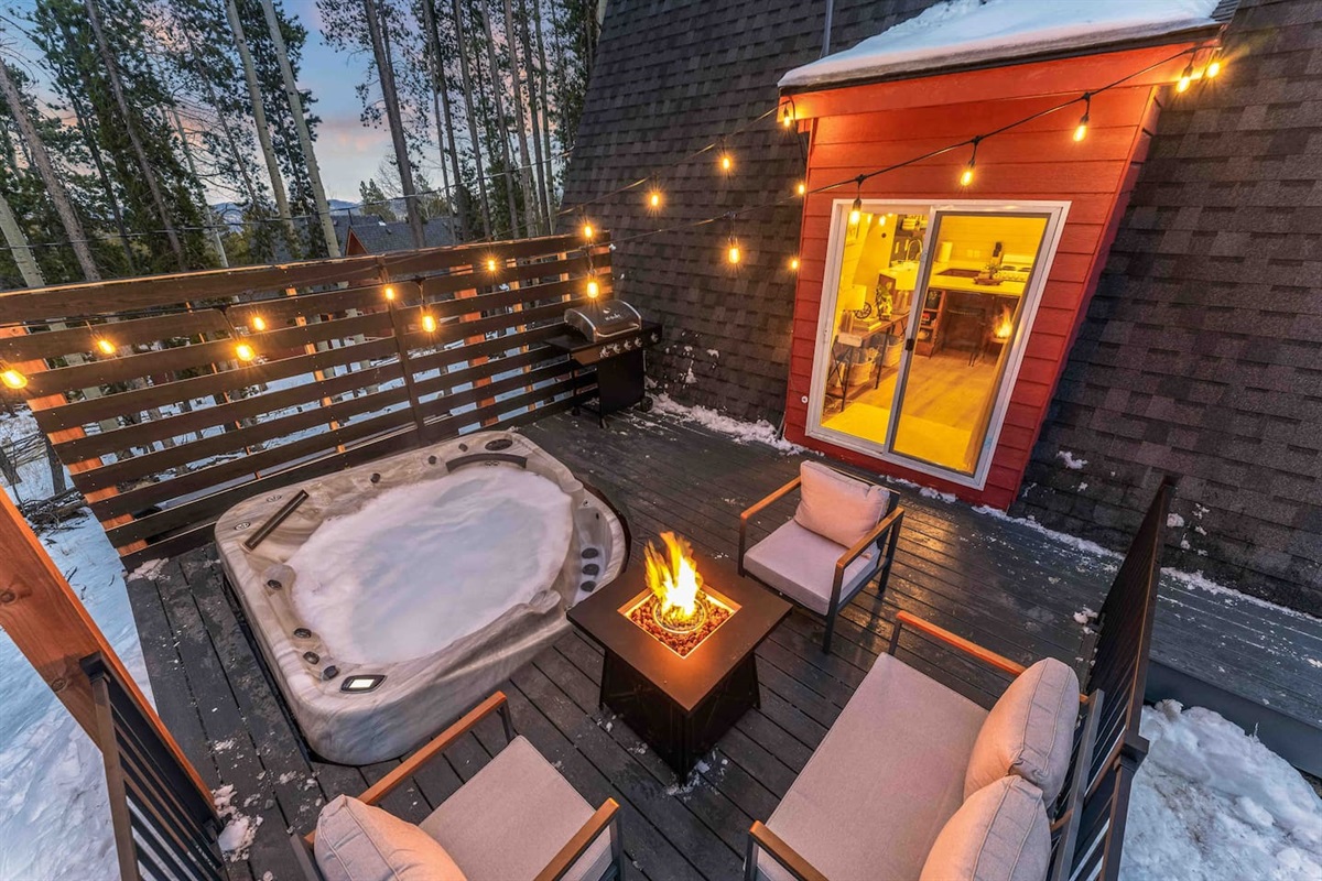 Deck with hot tub, BBQ, outdoor furniture and fire-pit