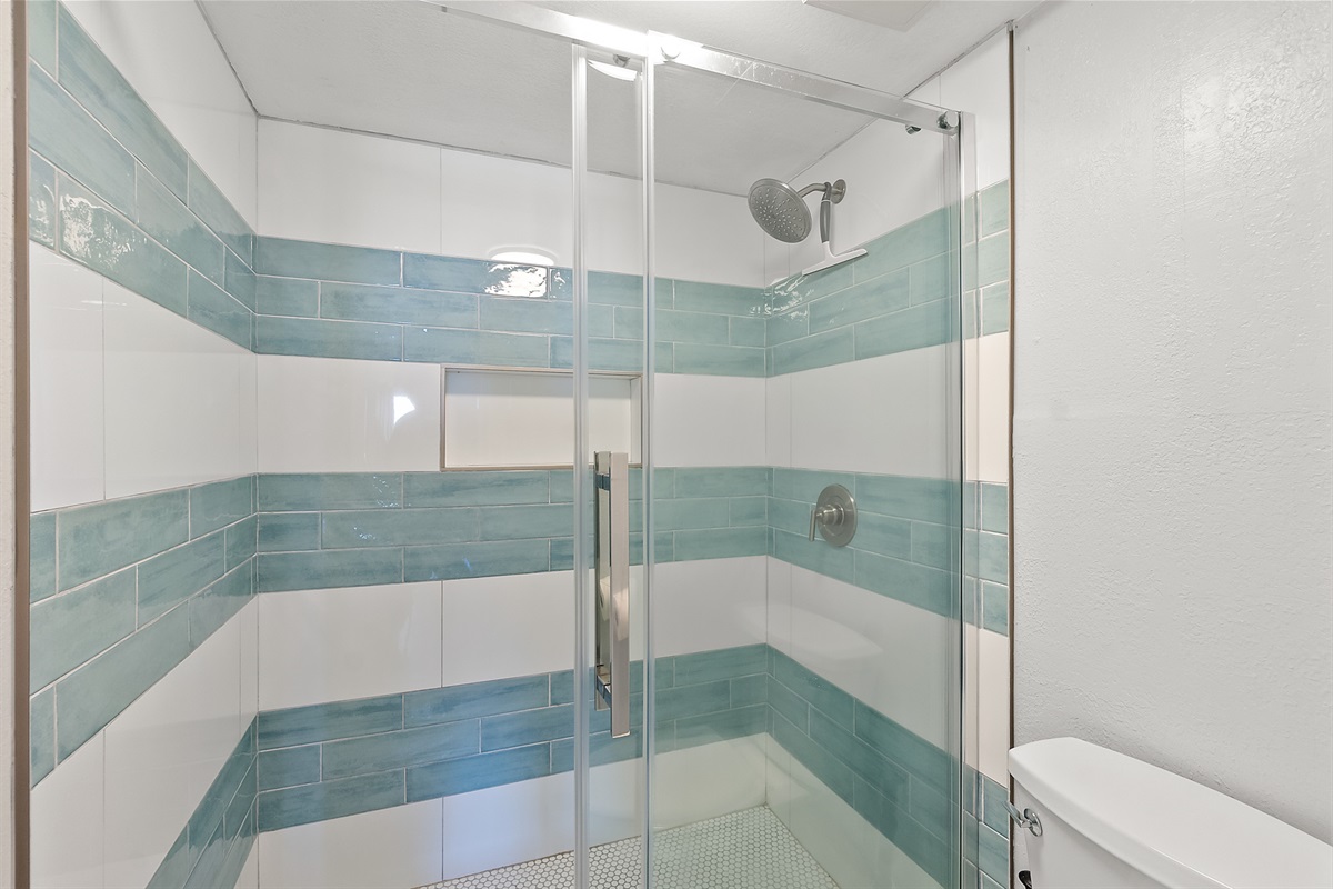 Walk-in shower with glass doors and sea-glass tile