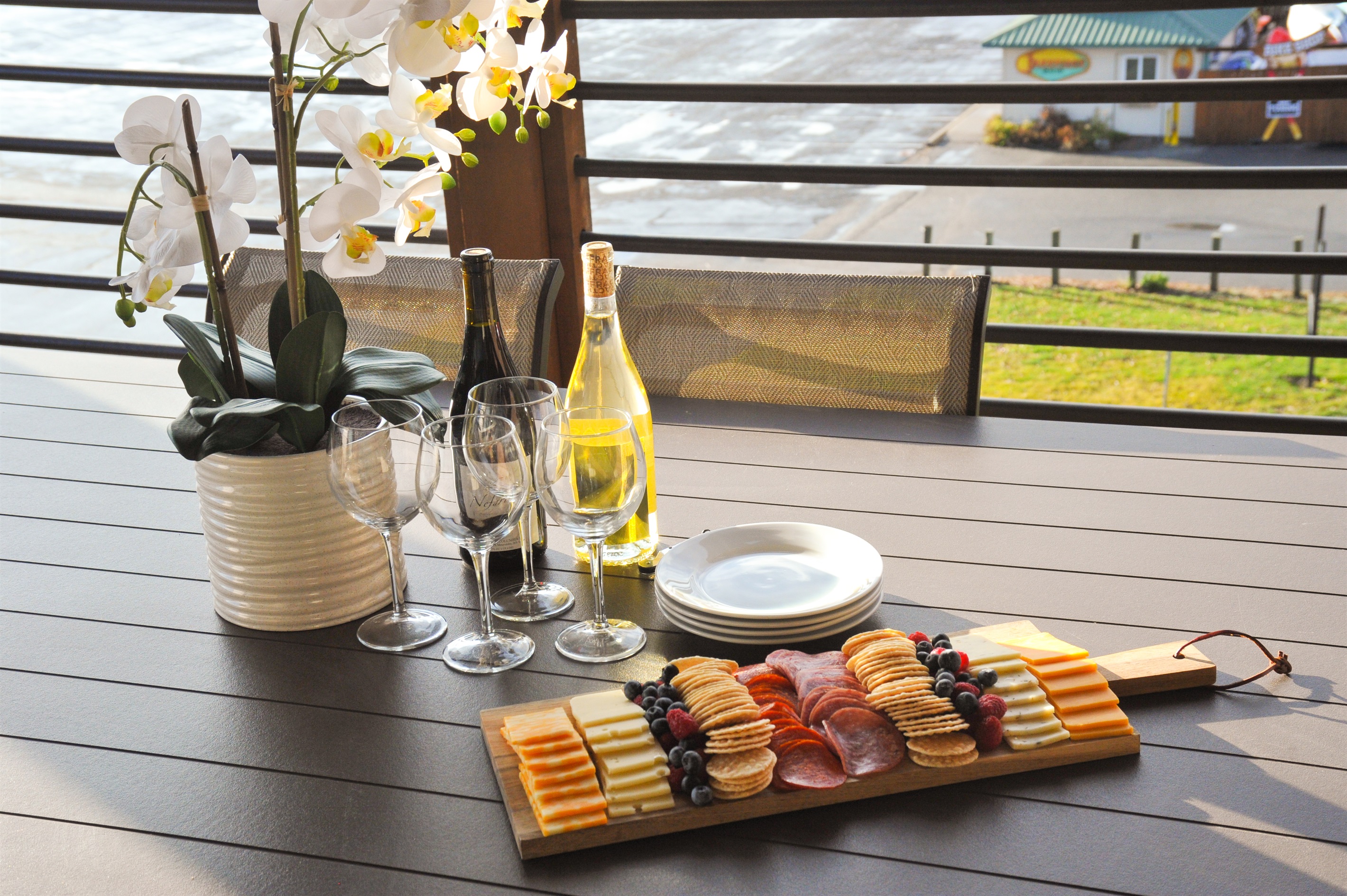 Lake view balcony with outdoor seating for 8