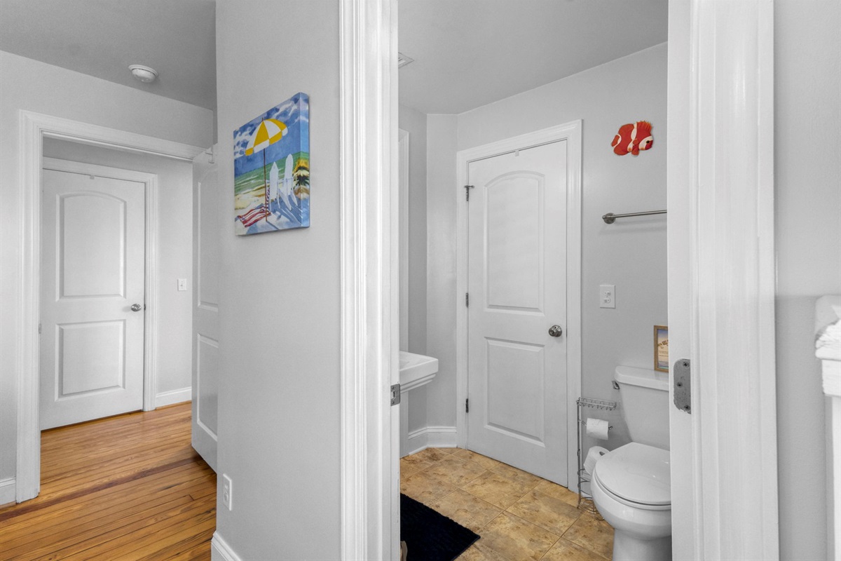 The Jack and Jill bathroom is shared by the twin room and the bunk bed room.