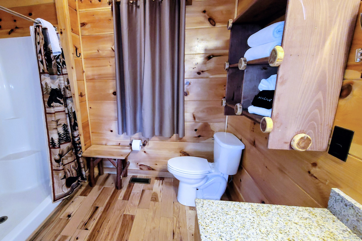 En-suite master bathroom - granite vanity, hardwood floor, large walk-in shower