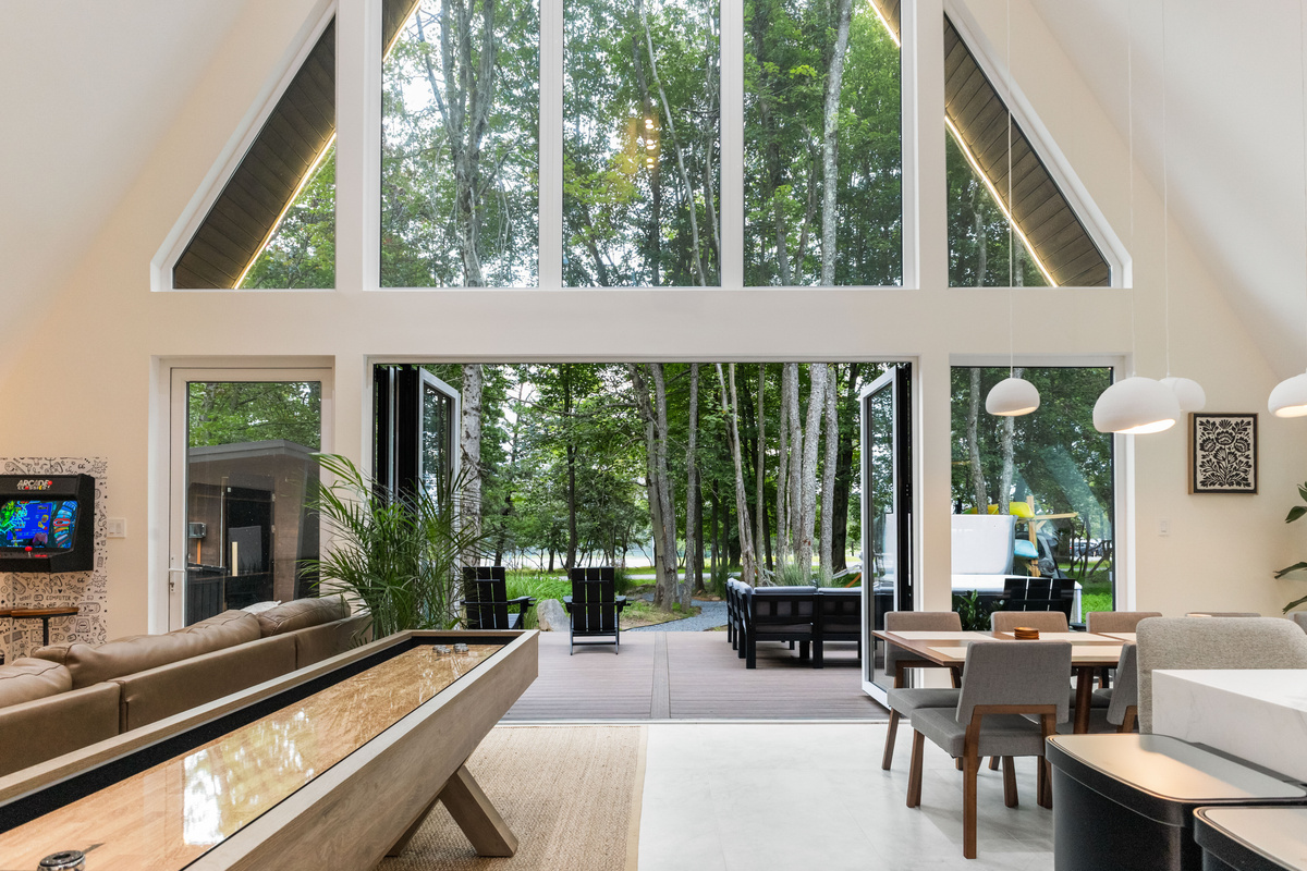 Three stories of glass, folded open