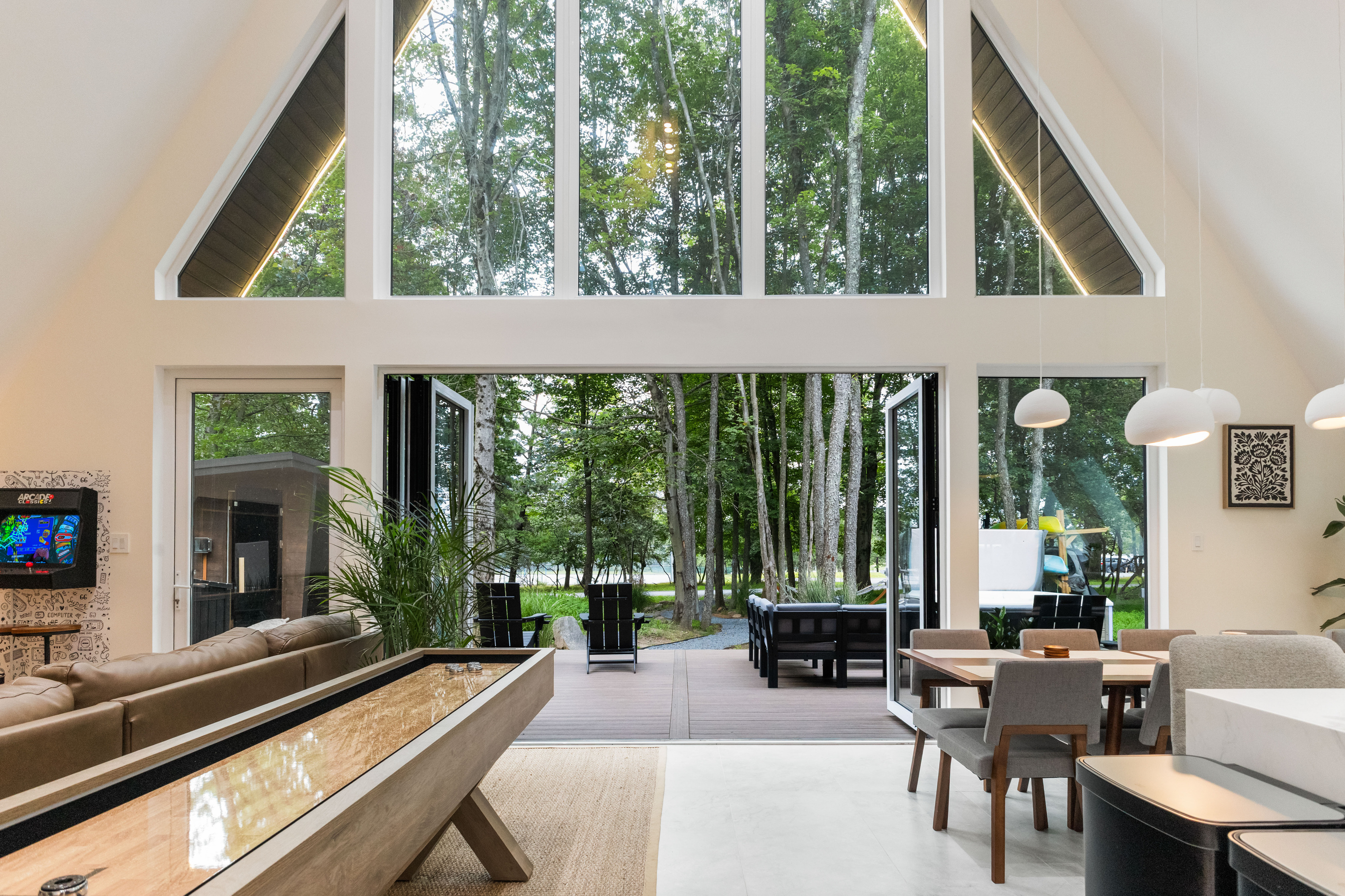 Three stories of glass, folded open
