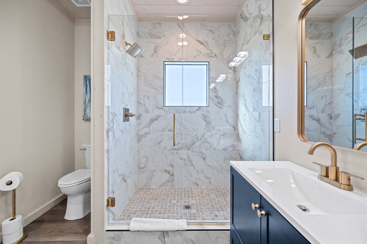 Bathroom with walk-in shower and modern gold finishes.