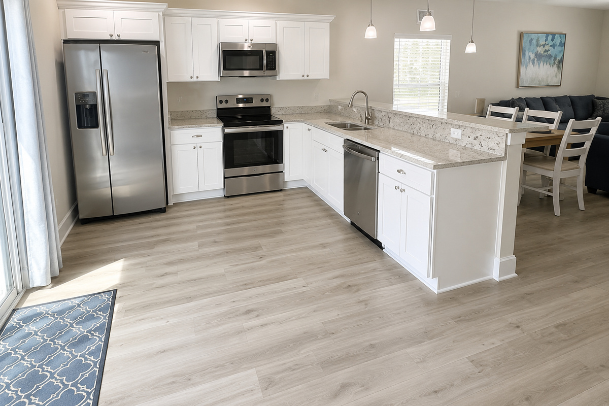 The kitchen handles everything from pancake mornings to taco nights — granite counters, stainless appliances, an ice-and-water door on the fridge for refilling beach bottles, and a dishwasher for the happy aftermath.
