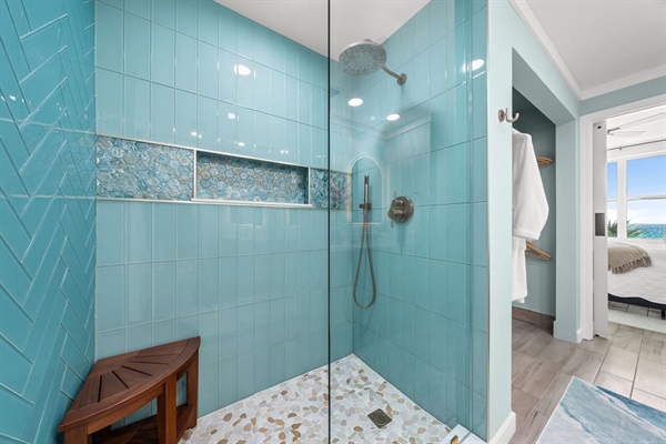 Delta Fixtures/ Rain shower & handheld with a beautifully tiled walk-in shower