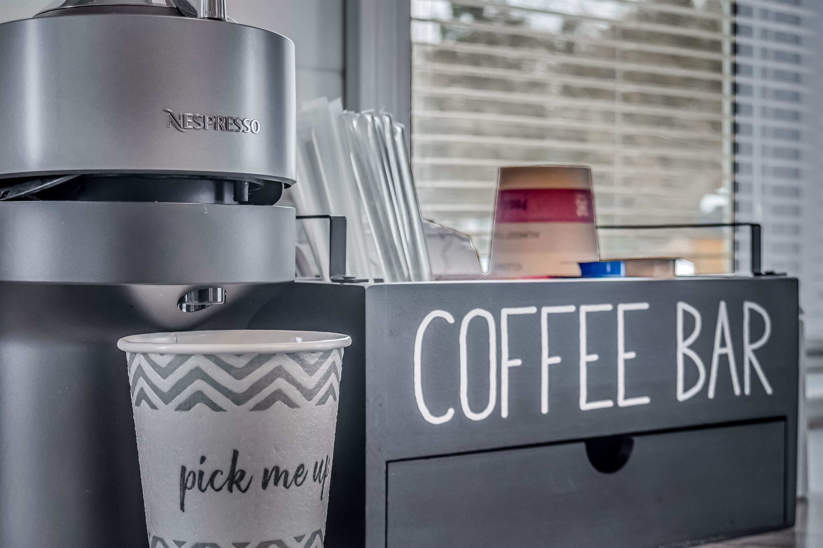 Duet Cottage - Coffee bar has NESPRESSO machine and milk frother. Also included are hot cocoa packets, creamer, tea, honey sticks and other surprises.