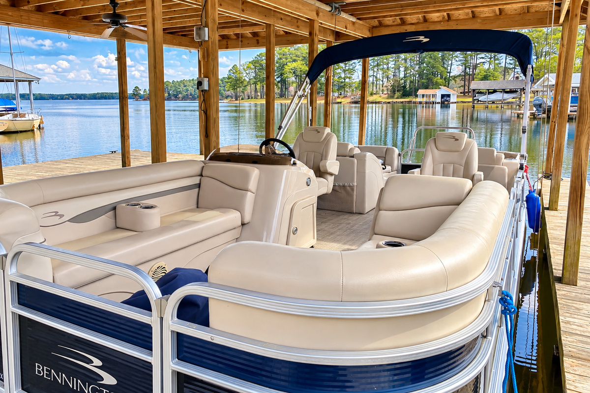 Boat tied at a quiet Lake Gaston dock