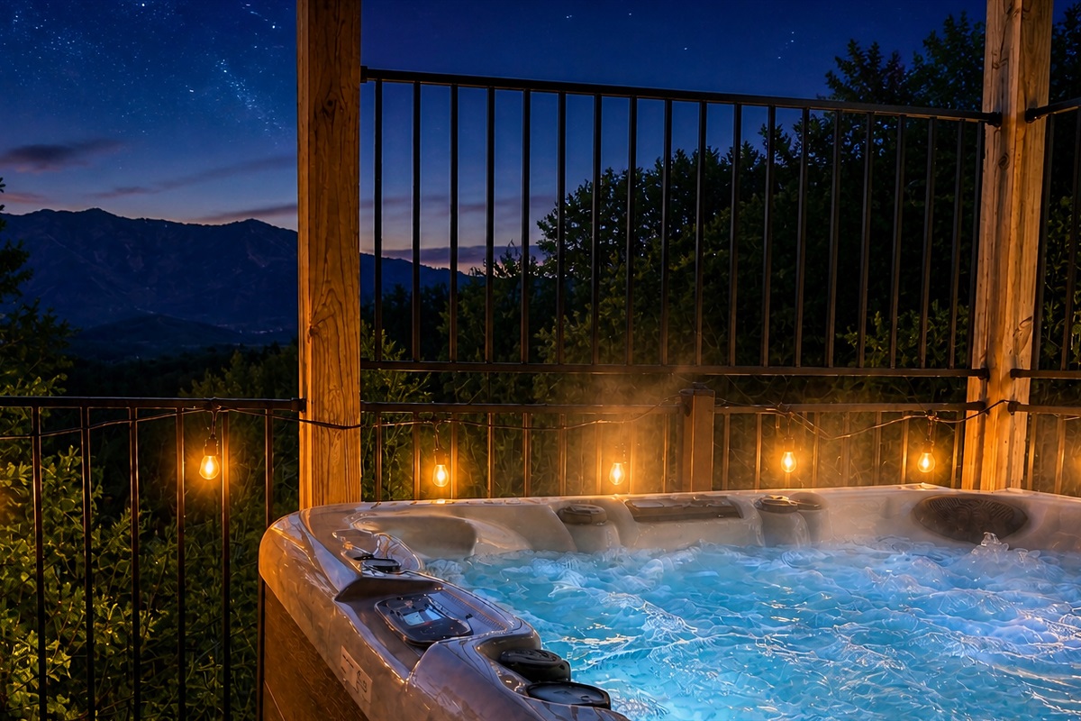 Soaking in the hot tub at night has a lot of advantages, including views of the stars on clear nights.