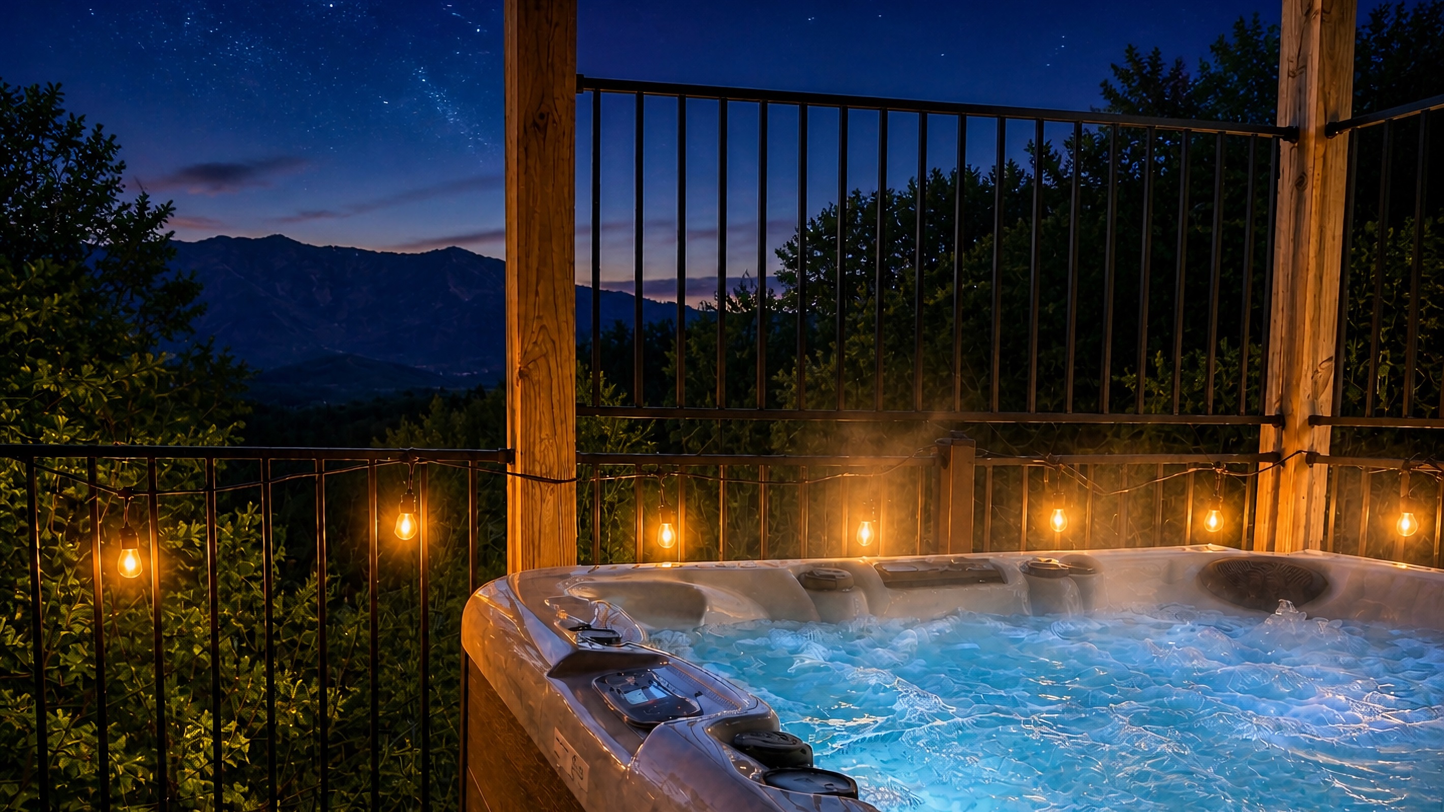 Soaking in the hot tub at night has a lot of advantages, including views of the stars on clear nights.