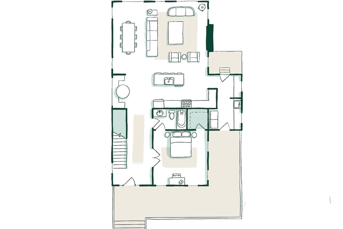 Beautiful open floor plan with lots of natural light and a cozy oversized Floyd couch. The kitchen, breakfast nook & oversized dining table are great for entertaining. The downstairs bedroom has a queen bed, a desk and direct access to a full bath.