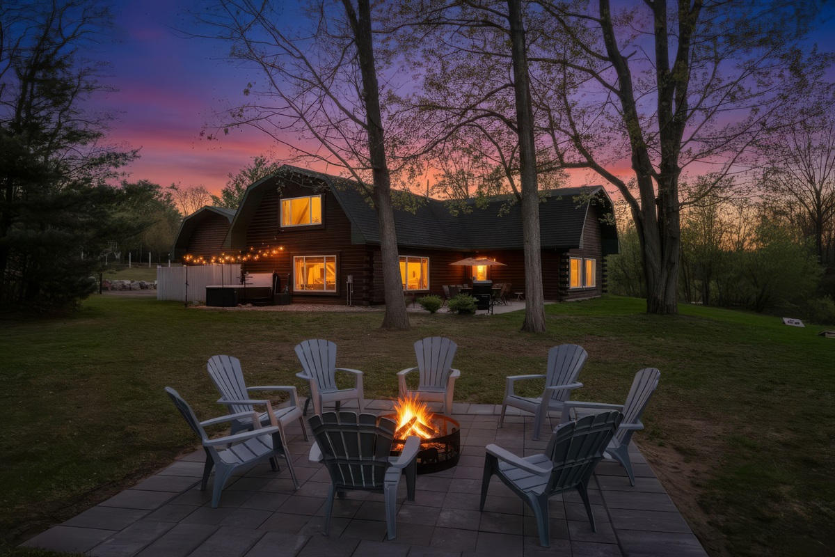 View from the fire pit, looking at our home and hot tub