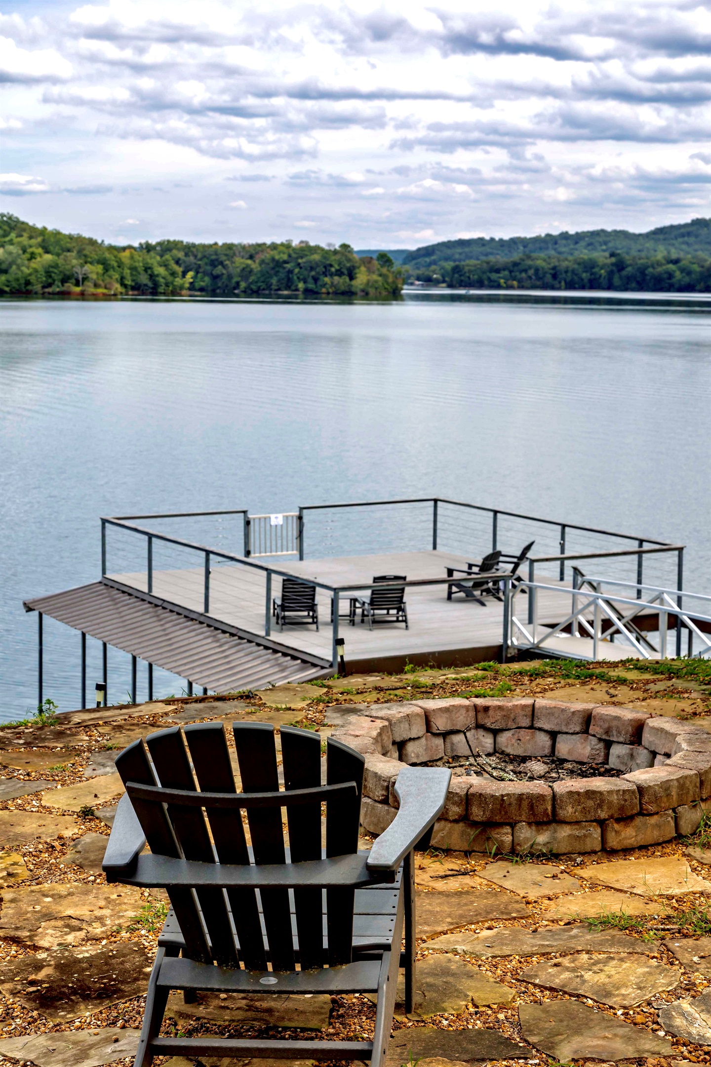 Fire pit with a stunning view of the lake