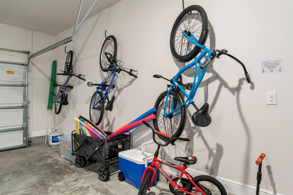 Spacious garage with bike for adults and kids