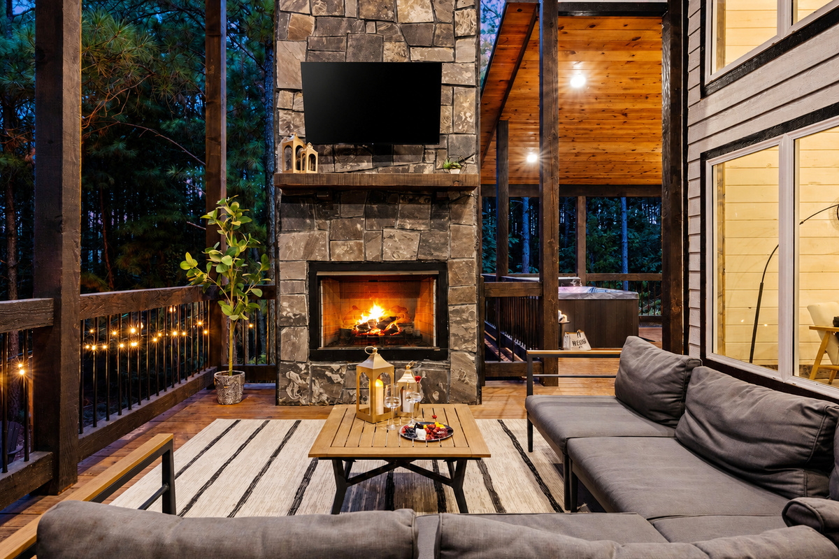This is where evenings slow down. Cozy up by the outdoor fireplace, turn on the TV, and let the quiet woods be your backdrop.