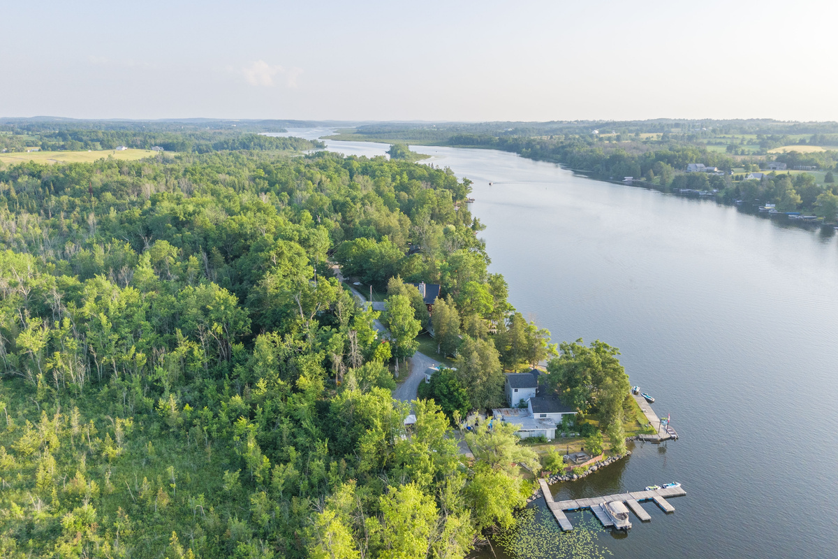 Wide aerial view of the forested waterfront surroundings