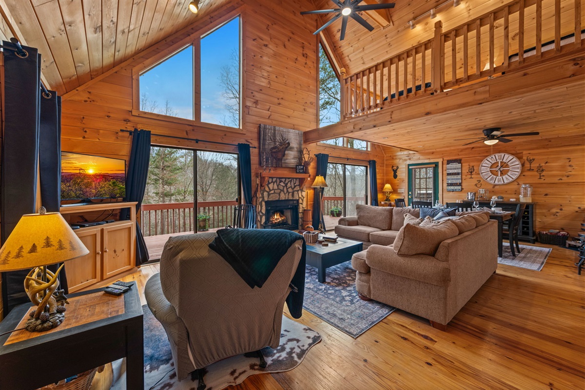 Plush couches provide ample seating, making it perfect for relaxing with family and friends.