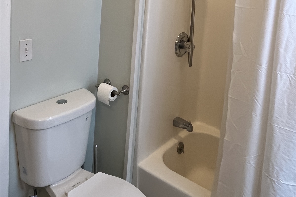 Bathroom with tub/shower, steps from each bedroom