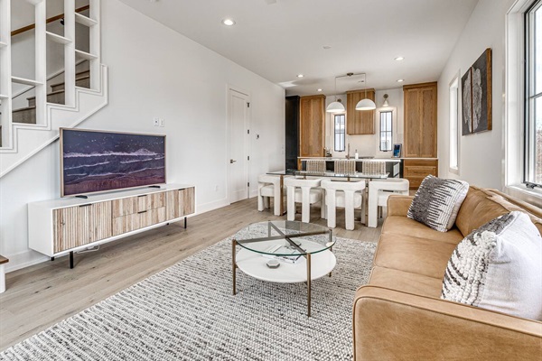 View of dining area and kitchen from living area 