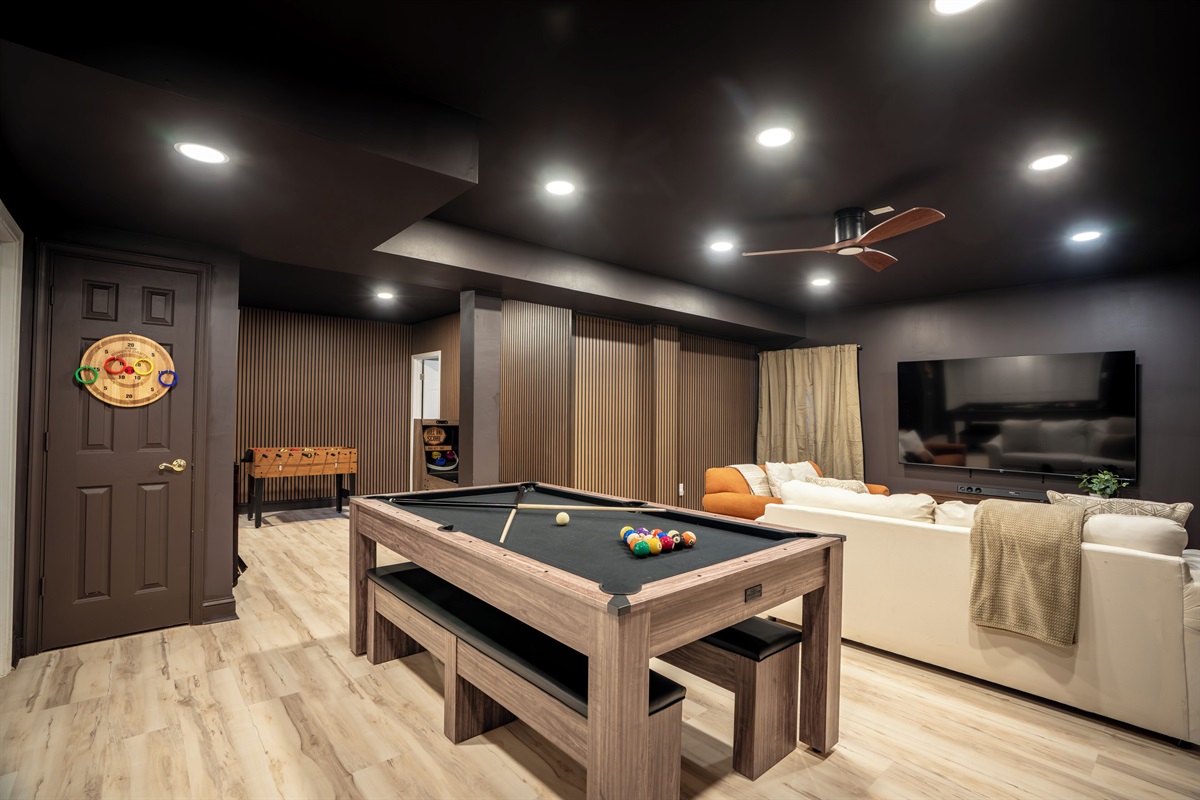Game room with pool, foosball, video games, and more