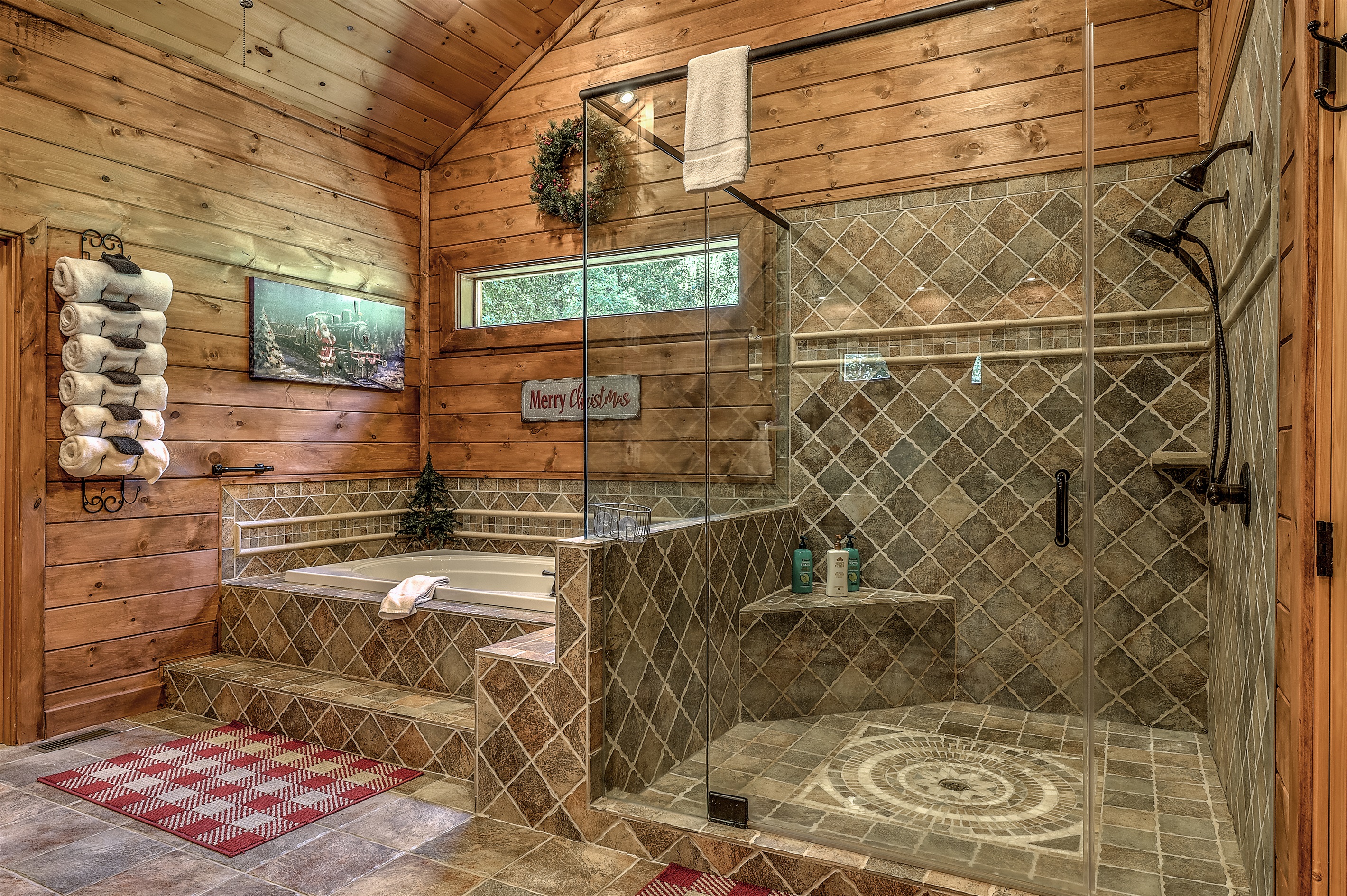 Large shower, Santa Room can be handicap accessible.  We have a portable ramp to install for wheelchairs.