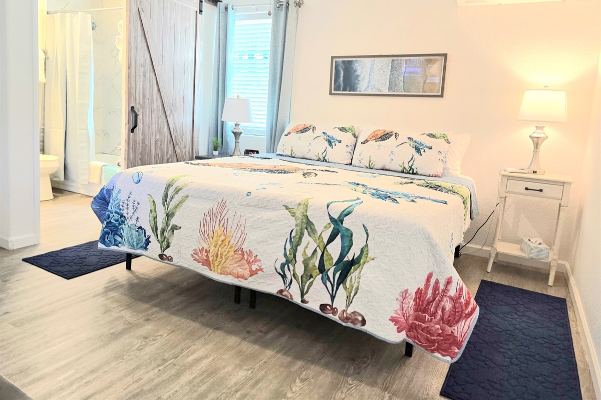 Rest easy in this king memory foam w/cooling gel topper. Super soft & comfy yet supportive!  The house has central air AND you also have a mini split to adjust the temperature just right for you!