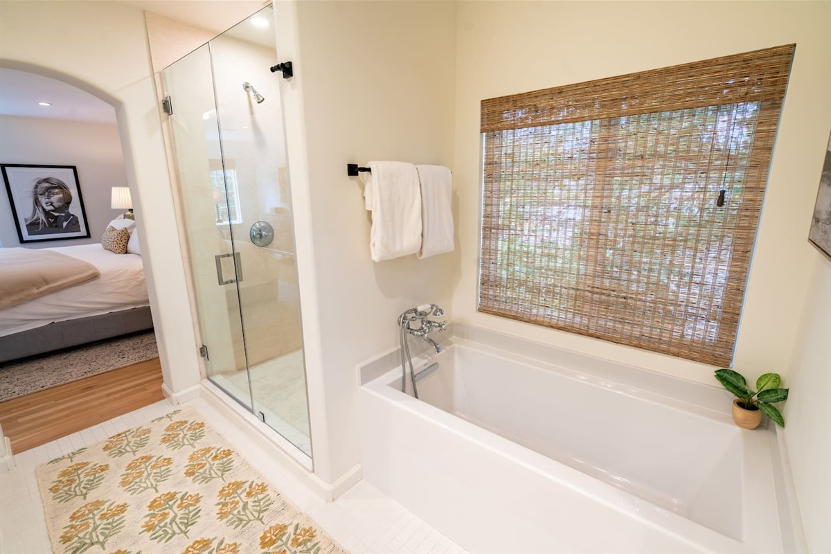 Primary bathroom with shower and bathtub