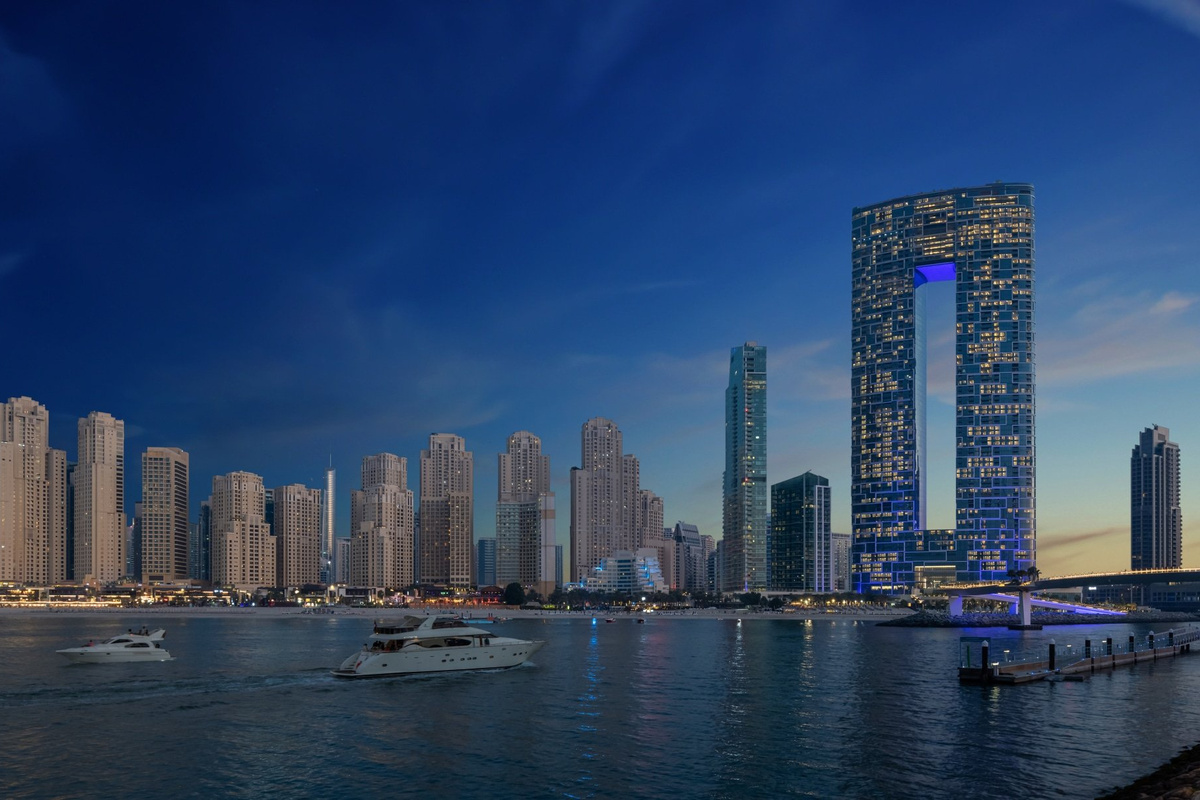 View of the building from Bluewaters bridge ad dusk