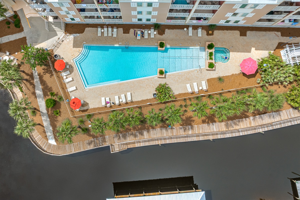 Arial view of condominium surrounded by canal views and boats. Mexico Beach, FL.