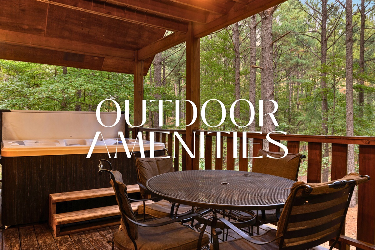 Covered deck with hot tub and outdoor dining for fresh air meals
