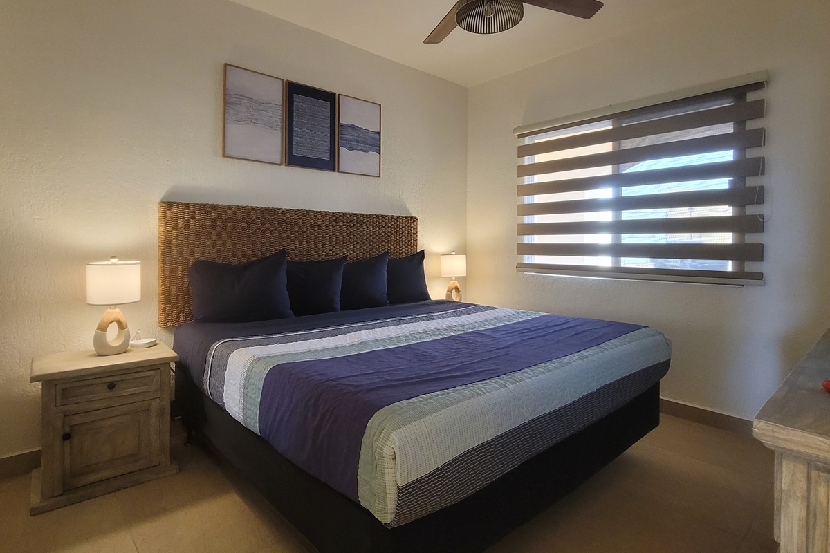 Guest bedroom featuring a king bed, two nightstands, lamps, dresser, closet and a Roku TV.