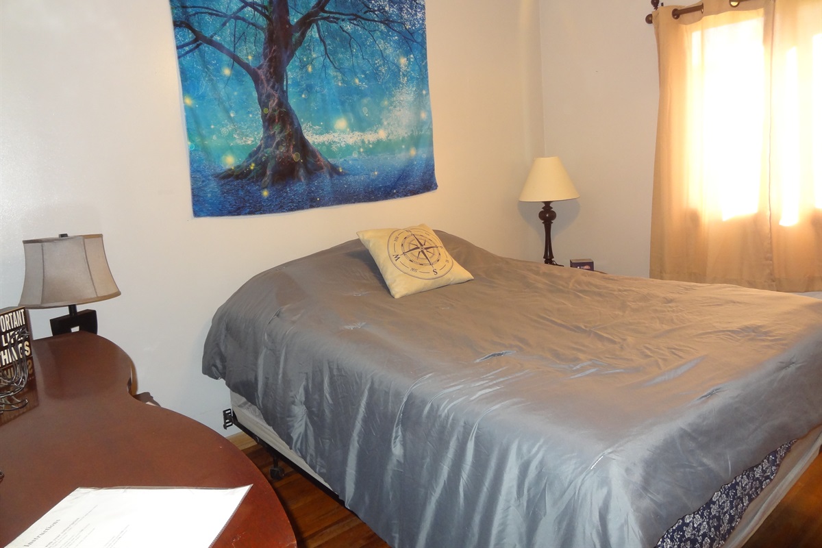 Master bedroom with queen bed, Roku smart TV, dresser, ceiling fan, and desk