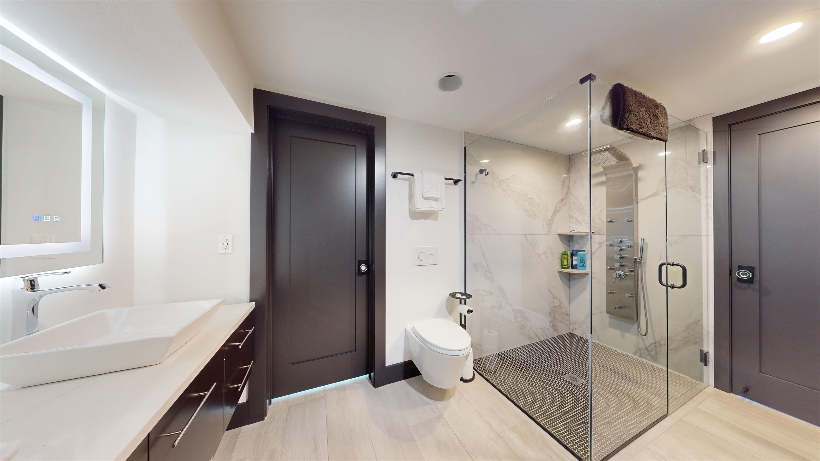 Modern bathroom amenities and large walk-in shower connects to the lower level Primary Bedroom, and into the lower level family room.