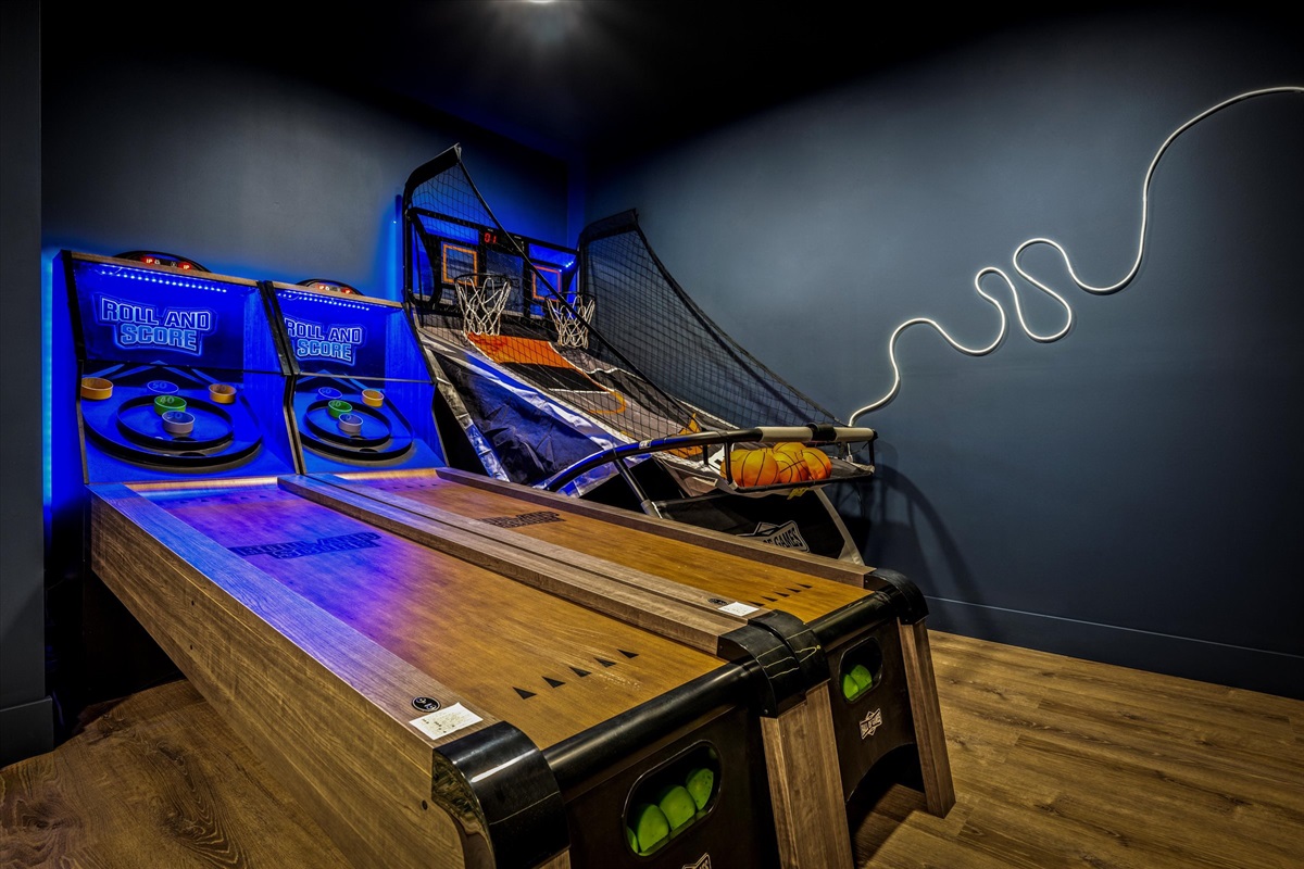 Step into full-on fun with dual skee-ball lanes and a two-player basketball shootout game—perfect for group challenges and bragging rights.